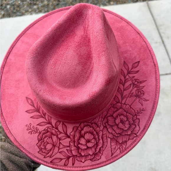 Floral burned dusty rose wide brim rancher hat western cowboy hat pink